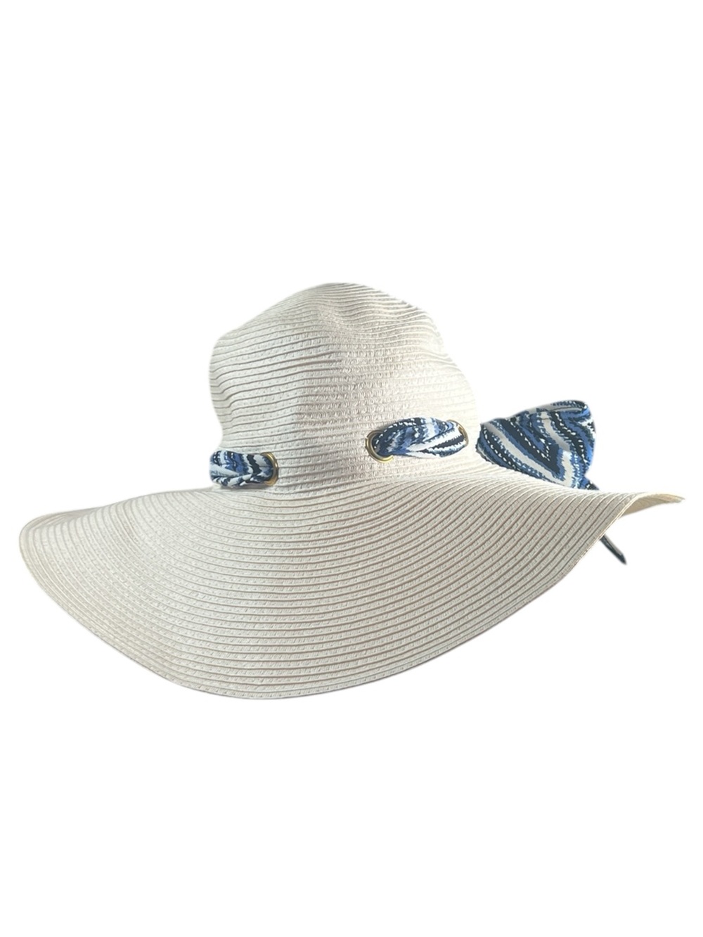 O’rageous Wide Brim Tan Raffia Sun Hat with Removable Blue and White Ikat Scarf